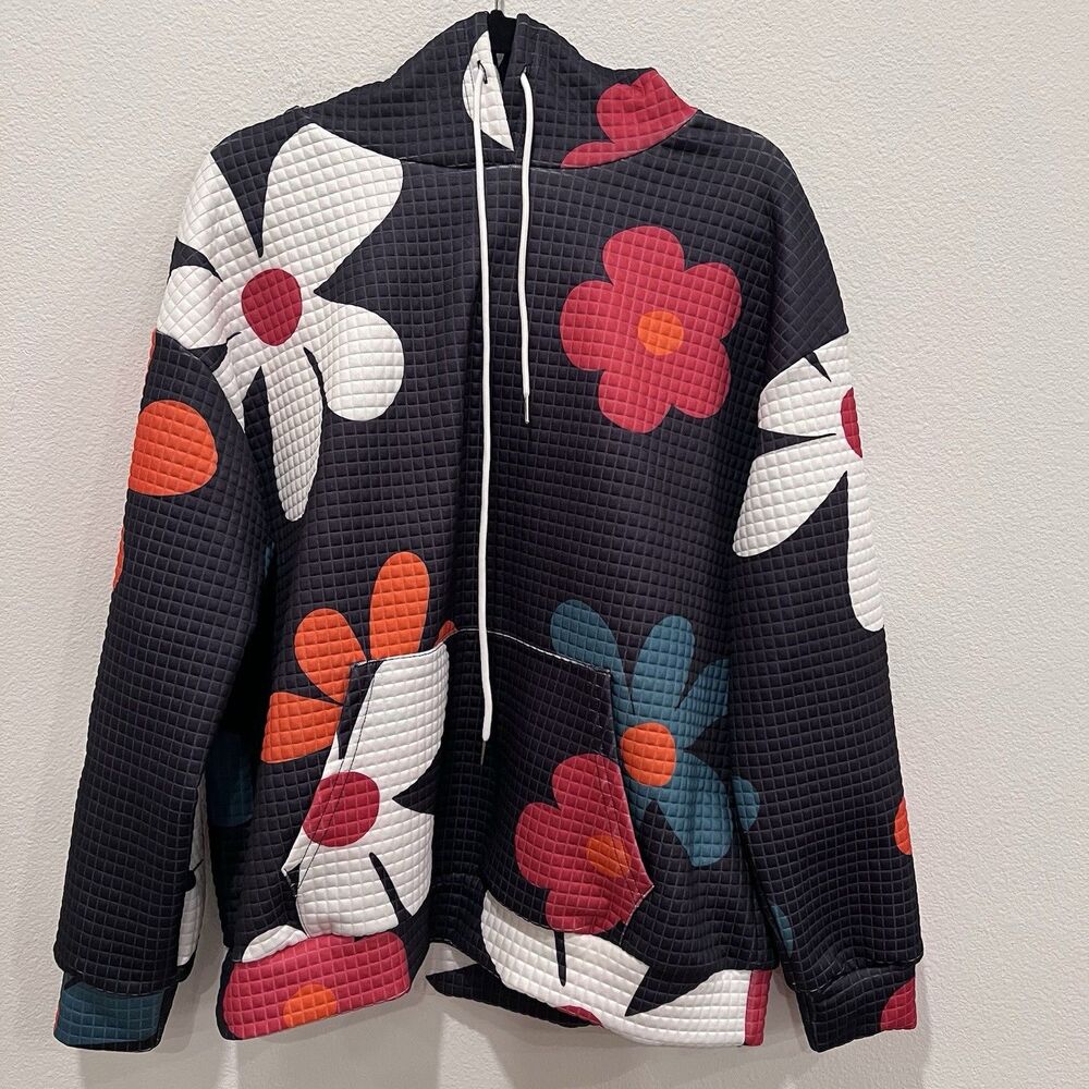 Women's Bright Floral Digital Printing Quilted Hoodie XL Artsy School Casual